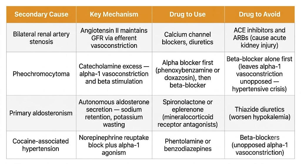 Reference table showing four secondary causes of hypertension with columns for key mechanism, drug to use, and drug to avoid.