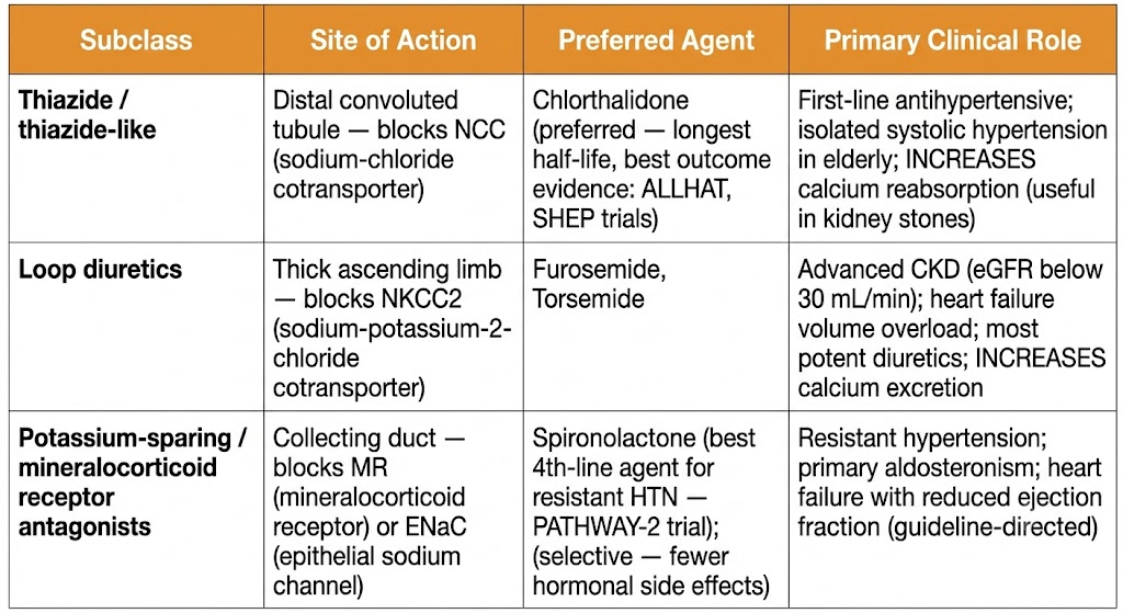 Reference table comparing three diuretic subclasses — thiazide, loop, and potassium-sparing — with columns for site of action, preferred agent, and primary clinical role.