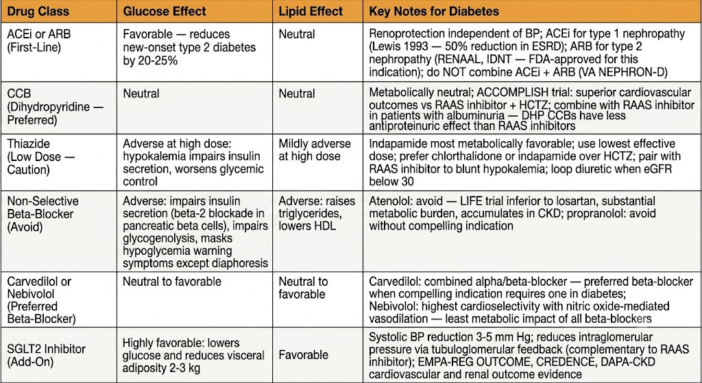 Reference table comparing six antihypertensive drug classes in diabetes across glucose effect, lipid effect, and key clinical notes, with RAAS inhibitors and CCBs as preferred agents and non-selective beta-blockers flagged to avoid.
