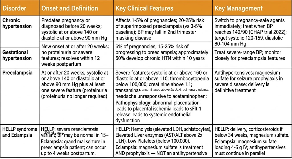 Reference table classifying four hypertensive disorders of pregnancy — chronic hypertension, gestational hypertension, preeclampsia, and HELLP plus eclampsia — with onset and definition, key clinical features, and management for each.