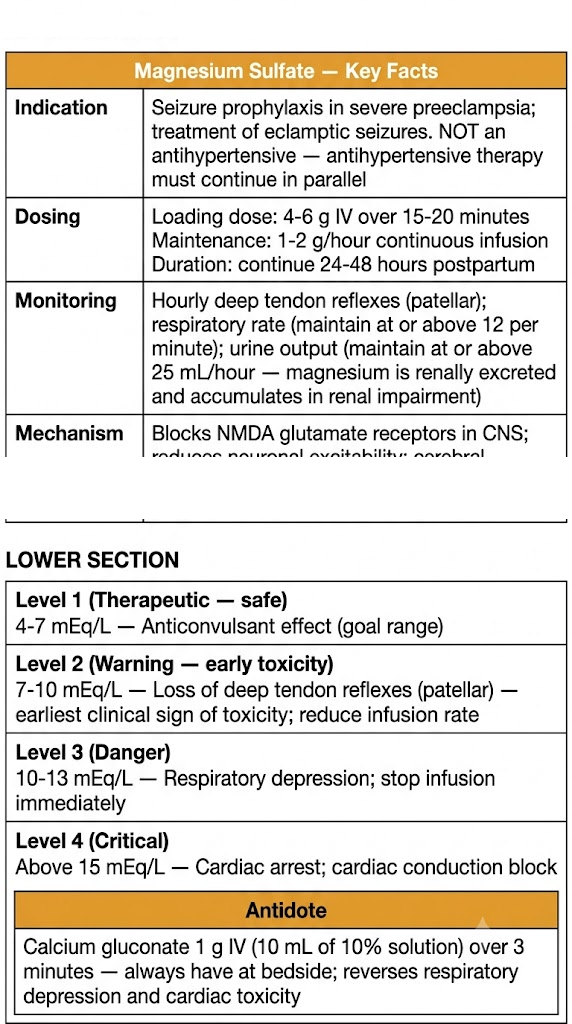 Two-section diagram showing magnesium sulfate key facts table in the upper section including indication, dosing, monitoring, and mechanism, and a toxicity level ladder in the lower section from therapeutic range through cardiac arrest, with calcium gluconate antidote box.