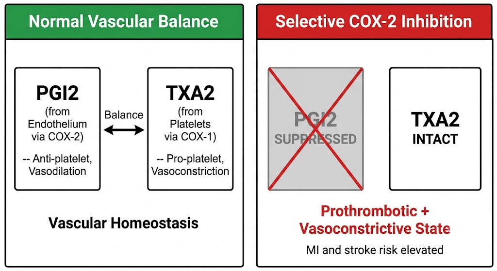Two-panel comparison diagram: left panel Normal Vascular Balance shows PGI2 from endothelium via COX-2 balanced against TXA2 from platelets via COX-1, maintaining vascular homeostasis; right panel Selective COX-2 Inhibition shows PGI2 suppressed with a red X while TXA2 remains intact, resulting in a prothrombotic and vasoconstrictive state with elevated MI and stroke risk.