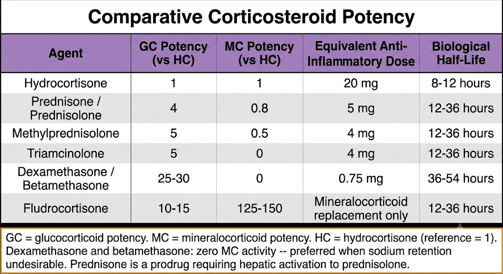 Comparative corticosteroid potency table with five columns: agent name, glucocorticoid potency relative to hydrocortisone, mineralocorticoid potency relative to hydrocortisone, equivalent anti-inflammatory dose, and biological half-life. Rows include hydrocortisone (1, 1, 20 mg, 8-12 h), prednisone/prednisolone (4, 0.8, 5 mg, 12-36 h), methylprednisolone (5, 0.5, 4 mg, 12-36 h), triamcinolone (5, 0, 4 mg, 12-36 h), dexamethasone/betamethasone (25-30, 0, 0.75 mg, 36-54 h), and fludrocortisone (10-15, 125-150, mineralocorticoid replacement only, 12-36 h).