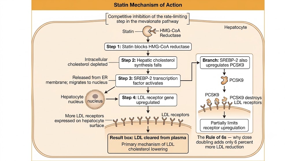 Flow diagram inside a hepatocyte showing statin mechanism: HMG-CoA reductase inhibition leads to reduced cholesterol synthesis, SREBP-2 activation, LDL receptor upregulation, and increased LDL clearance from plasma, with a counterregulatory branch showing PCSK9 co-induction partially limiting receptor upregulation.