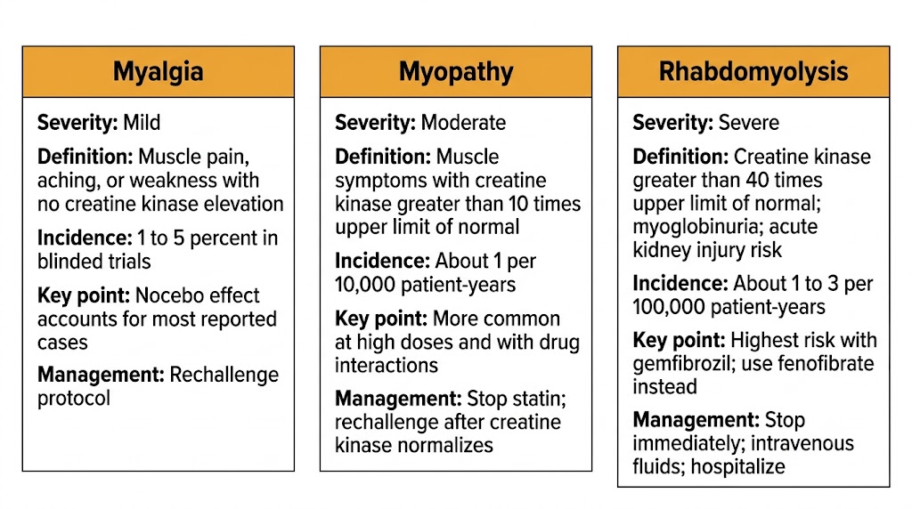 Three-panel spectrum diagram showing statin-associated muscle toxicity progressing from myalgia (mild, no creatine kinase elevation, nocebo effect accounts for most cases) through myopathy (creatine kinase greater than 10 times upper limit of normal, about 1 per 10,000 patient-years) to rhabdomyolysis (creatine kinase greater than 40 times upper limit of normal, myoglobinuria, acute kidney injury risk, highest risk with gemfibrozil).