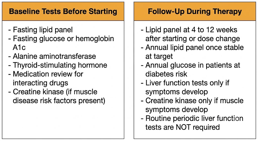 Two-panel monitoring reference showing baseline tests before starting statin therapy on the left (fasting lipid panel, fasting glucose or hemoglobin A1c, alanine aminotransferase, thyroid-stimulating hormone, medication review, creatine kinase if indicated) and follow-up monitoring during therapy on the right (lipid panel at 4 to 12 weeks, annual lipid panel once stable, annual glucose in at-risk patients, liver function tests and creatine kinase only if symptoms develop, routine periodic liver function tests not required).
