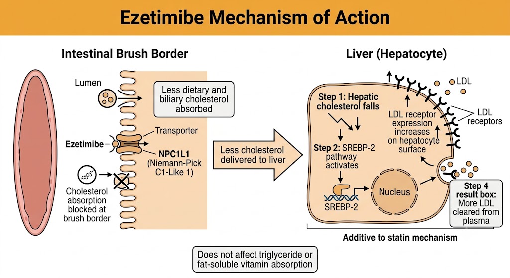 Mechanism diagram showing ezetimibe blocking the NPC1L1 transporter on the intestinal brush border, reducing cholesterol delivery to the liver, triggering SREBP-2-mediated LDL receptor upregulation, and increasing LDL clearance from plasma, with a note that it does not affect triglyceride or fat-soluble vitamin absorption.