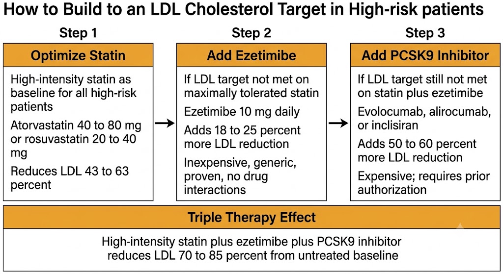 Three-step sequential flow diagram showing how to build to an LDL cholesterol target: step 1 optimize statin with high-intensity atorvastatin or rosuvastatin achieving 43 to 63 percent reduction, step 2 add ezetimibe 10 mg daily adding 18 to 25 percent more reduction, step 3 add PCSK9 inhibitor adding 50 to 60 percent more reduction, with triple therapy result box showing 70 to 85 percent overall reduction from untreated baseline.