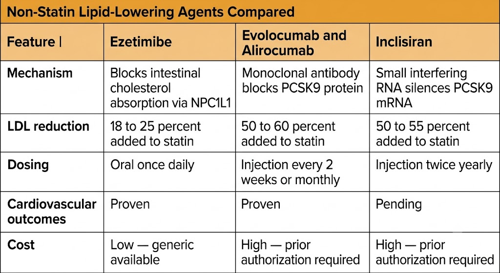Reference table comparing ezetimibe (NPC1L1 inhibitor, 18 to 25 percent LDL reduction added to statin, oral once daily, proven cardiovascular outcomes, low cost generic), evolocumab and alirocumab (monoclonal antibodies blocking PCSK9 protein, 50 to 60 percent LDL reduction, injection every 2 weeks or monthly, proven outcomes, high cost with prior authorization), and inclisiran (small interfering RNA silencing PCSK9 mRNA, 50 to 55 percent LDL reduction, injection twice yearly, outcomes pending, high cost with prior authorization).