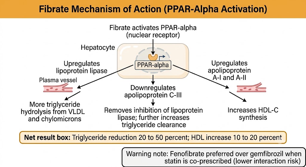 Mechanism diagram showing fibrate activation of PPAR-alpha in the hepatocyte producing three coordinated effects: upregulation of lipoprotein lipase increasing triglyceride hydrolysis from VLDL and chylomicrons, downregulation of apolipoprotein C-III removing lipoprotein lipase inhibition and further increasing triglyceride clearance, and upregulation of apolipoprotein A-I and A-II increasing HDL-C synthesis, with net result of triglyceride reduction 20 to 50 percent and HDL increase 10 to 20 percent, and a warning that fenofibrate is preferred over gemfibrozil when statin is co-prescribed.