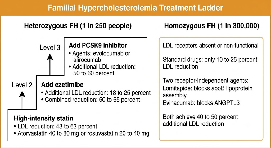 Familial hypercholesterolemia treatment ladder showing heterozygous FH escalation from high-intensity statin step 1 (LDL reduction 43 to 63 percent) through add ezetimibe step 2 (additional 18 to 25 percent, combined 60 to 65 percent) to add PCSK9 inhibitor step 3 (additional 50 to 60 percent); separate homozygous FH box showing LDL receptors absent or non-functional, standard drugs only 10 to 25 percent reduction, lomitapide blocks apoB lipoprotein assembly and evinacumab blocks ANGPTL3 via receptor-independent pathways achieving 40 to 50 percent additional reduction.