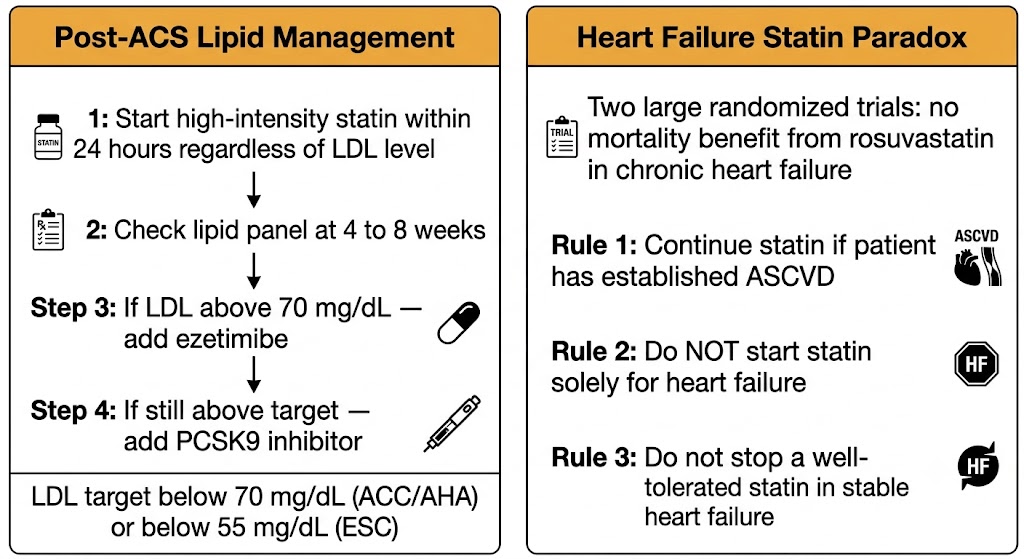 Two-panel diagram showing post-ACS lipid management on the left (high-intensity statin within 24 hours, lipid panel at 4 to 8 weeks, add ezetimibe if LDL above 70 mg/dL, add PCSK9 inhibitor if still above target, LDL targets below 70 ACC/AHA or below 55 ESC) and heart failure statin paradox on the right (two large trials no mortality benefit from rosuvastatin; Rule 1 continue if established ASCVD; Rule 2 do not start solely for heart failure; Rule 3 do not stop well-tolerated statin in stable heart failure).