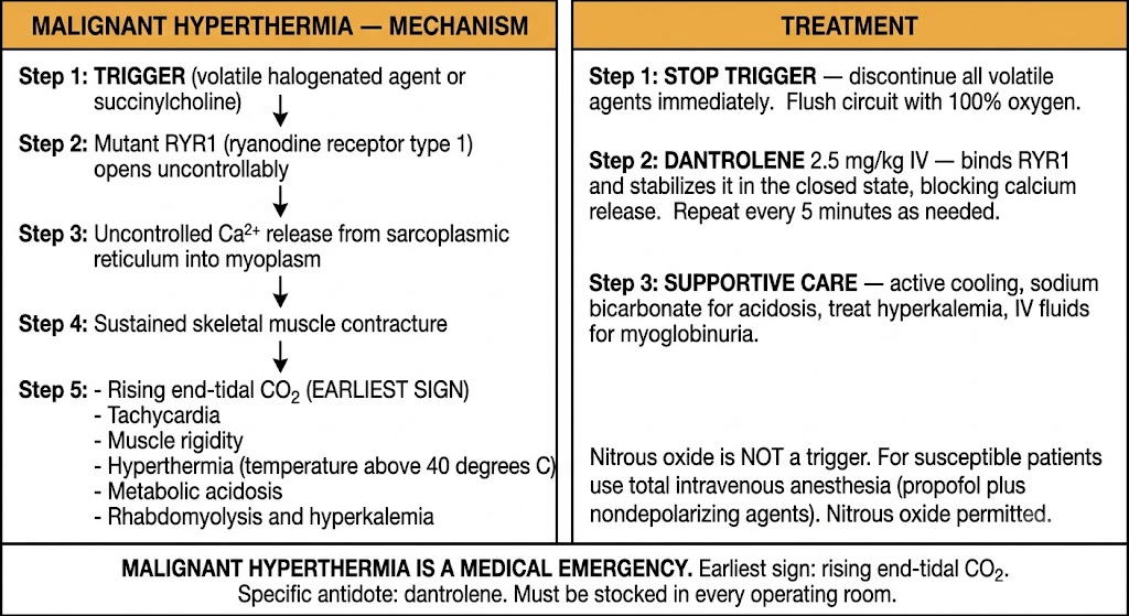 Two-panel diagram of malignant hyperthermia. Left panel shows the mechanism: trigger (volatile agent or succinylcholine) activates mutant ryanodine receptor type 1, causing uncontrolled calcium release from the sarcoplasmic reticulum into the myoplasm, producing sustained skeletal muscle contracture and clinical signs including rising end-tidal carbon dioxide (earliest sign), tachycardia, muscle rigidity, hyperthermia, metabolic acidosis, and rhabdomyolysis. Right panel shows treatment: stop trigger, administer dantrolene 2.5 mg/kg intravenously (binds ryanodine receptor type 1 and stabilizes it in the closed state), and provide supportive care. Shared rule box identifies malignant hyperthermia as a medical emergency requiring dantrolene stocked in every operating room.