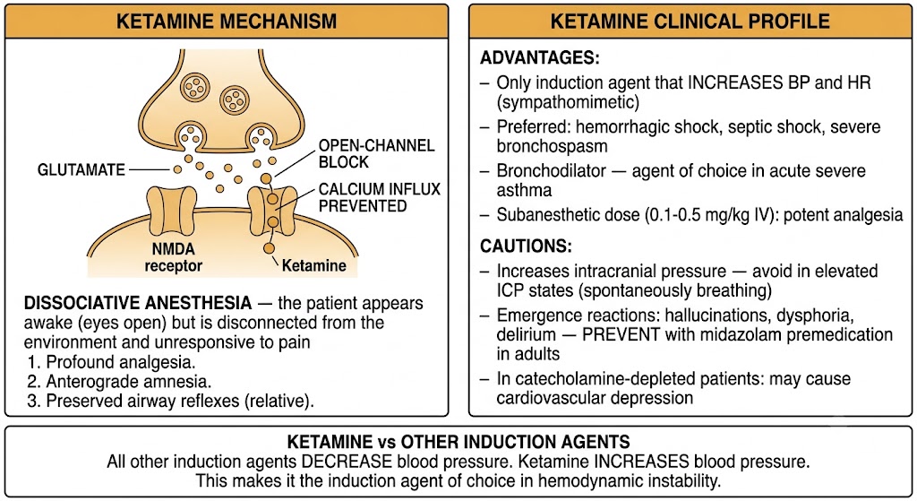 Two-panel diagram of ketamine's mechanism and clinical profile. Left panel shows a synapse with glutamate binding the NMDA receptor, ketamine producing open-channel block and preventing calcium influx, resulting in dissociative anesthesia with profound analgesia, anterograde amnesia, and relatively preserved airway reflexes. Right panel summarizes advantages (only induction agent that increases blood pressure and heart rate, preferred in shock and bronchospasm, bronchodilator, subanesthetic analgesia) and cautions (increases intracranial pressure, emergence reactions prevented by midazolam premedication, cardiovascular depression in catecholamine-depleted patients). Shared rule box states all other induction agents decrease blood pressure while ketamine increases it.