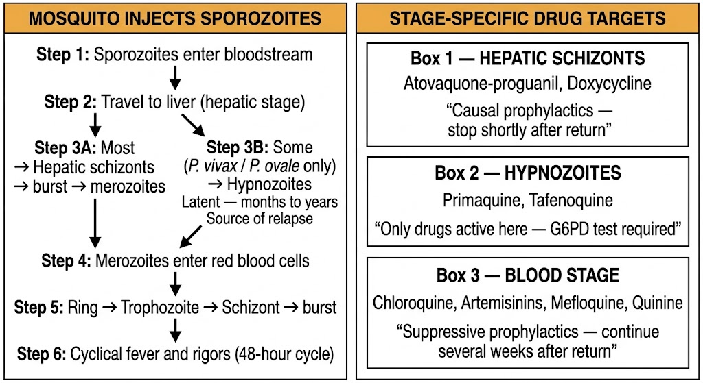 Two-panel diagram showing the Plasmodium life cycle on the left (sporozoite injection, hepatic schizont development, hypnozoite formation in P. vivax and P. ovale, blood-stage erythrocytic cycle) and stage-specific drug targets on the right.
