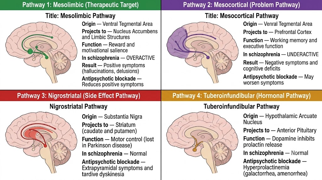 Two-by-two grid diagram showing the four major dopamine pathways: mesolimbic (overactive in schizophrenia, therapeutic target), mesocortical (underactive, negative symptoms), nigrostriatal (motor side effects), and tuberoinfundibular (prolactin regulation), each with origin, projection, function, and consequence of antipsychotic blockade.