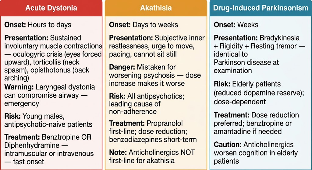 Three-panel diagram comparing the three reversible extrapyramidal syndromes: acute dystonia (onset hours to days, oculogyric crisis and torticollis, treated with benztropine or diphenhydramine), akathisia (onset days to weeks, inner restlessness mistaken for worsening psychosis, treated with propranolol), and drug-induced parkinsonism (onset weeks, bradykinesia and rigidity identical to Parkinson disease, treated with dose reduction or benztropine).