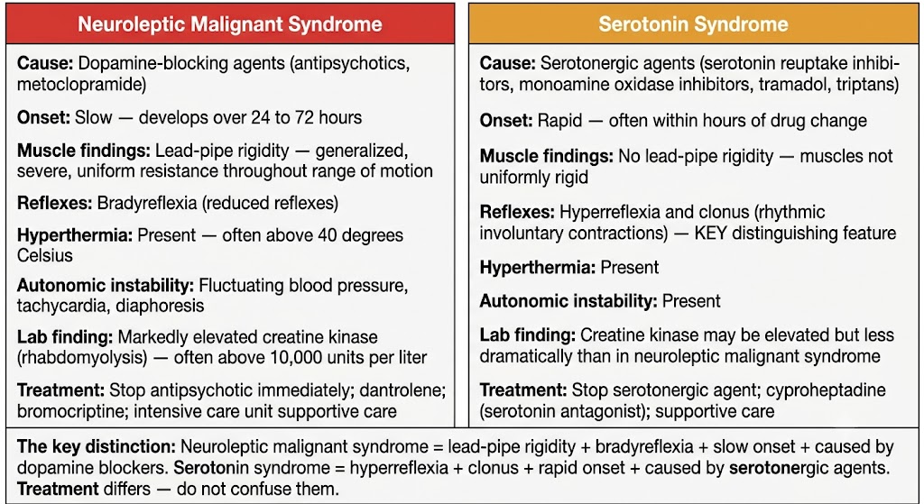 Two-panel comparison of neuroleptic malignant syndrome versus serotonin syndrome.