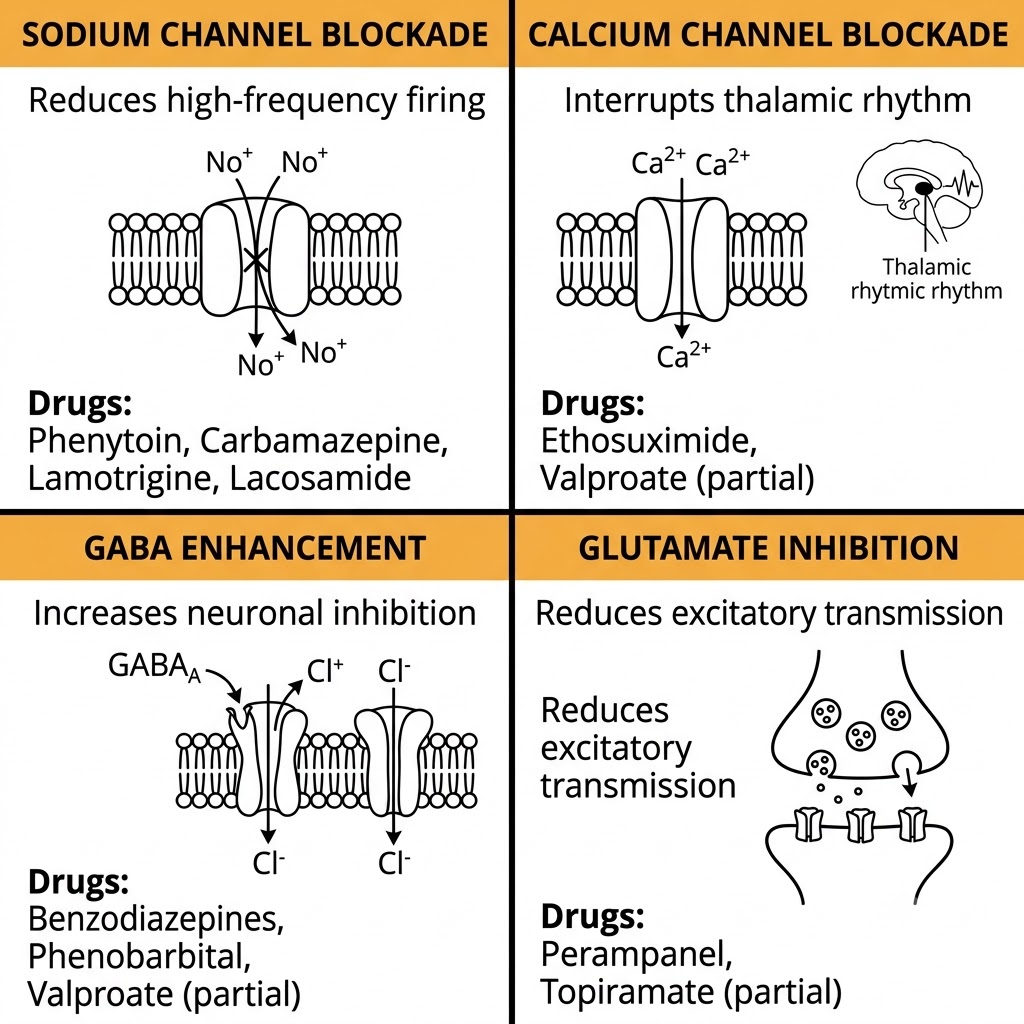Four-panel grid showing the four anti-seizure drug mechanism categories: sodium channel blockade (phenytoin, carbamazepine, lamotrigine, lacosamide), calcium channel blockade (ethosuximide, valproate), gamma-aminobutyric acid enhancement (benzodiazepines, phenobarbital, valproate), and glutamate inhibition (perampanel, topiramate).