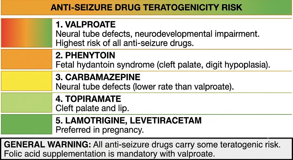 Ranked list of anti-seizure drug teratogenicity from highest to lowest risk: valproate (neural tube defects and neurodevelopmental impairment, highest risk), phenytoin (fetal hydantoin syndrome), carbamazepine (neural tube defects, lower rate), topiramate (cleft palate and lip), and lamotrigine and levetiracetam at lowest risk, preferred in pregnancy.