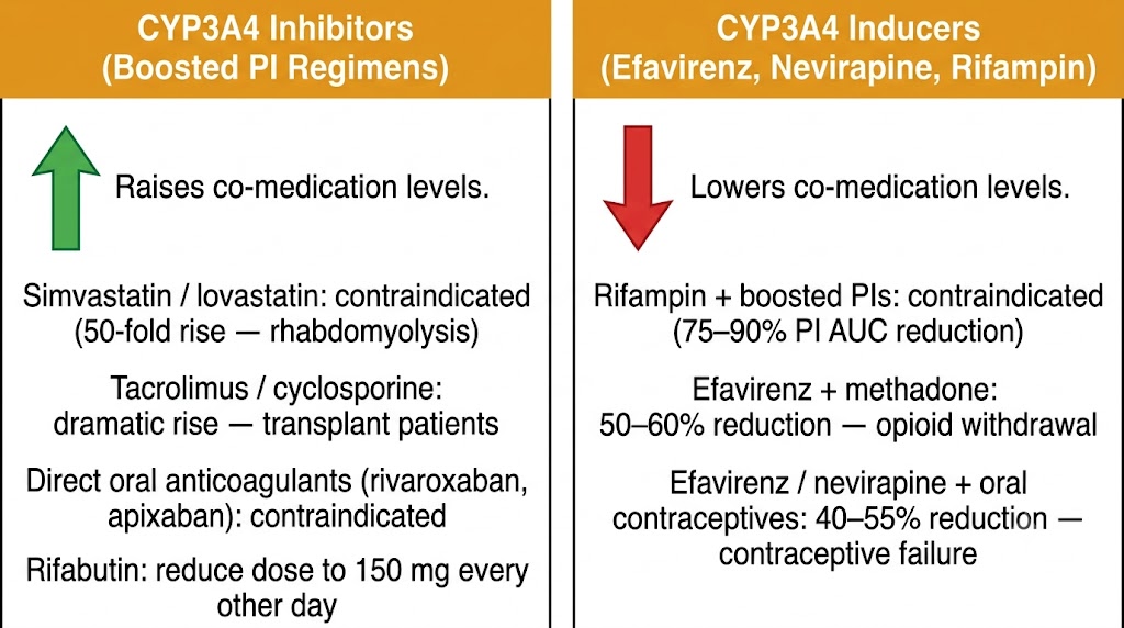 CYP3A4 inhibitors raise co-medication levels versus CYP3A4 inducers lower co-medication levels
