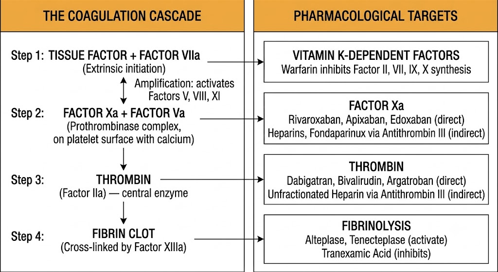 Two-panel diagram showing the coagulation cascade on the left — tissue factor plus factor VIIa initiating coagulation, converging at factor Xa and the prothrombinase complex, generating thrombin, and forming cross-linked fibrin — and pharmacological intervention points on the right mapping warfarin, factor Xa inhibitors, thrombin inhibitors, and fibrinolytics to their cascade nodes.