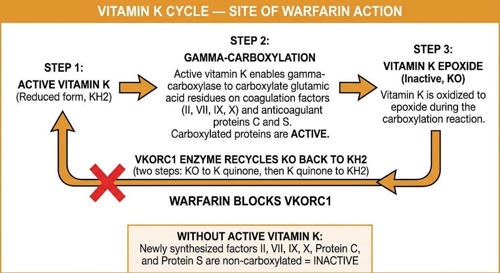 Circular flow diagram of the vitamin K carboxylation cycle: Step 1 shows active vitamin K (reduced form, KH2); Step 2 shows gamma-carboxylation of coagulation factors II, VII, IX, X and proteins C and S; Step 3 shows oxidation to vitamin K epoxide; the recycling arrow shows VKORC1 converting vitamin K epoxide back to active vitamin K, with warfarin blocking this step via a red X. A consequence box shows that without active vitamin K, newly synthesized factors II, VII, IX, X, protein C, and protein S are non-carboxylated and inactive.
