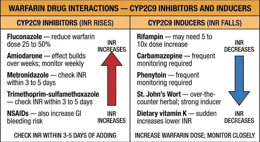 Two-panel table of warfarin drug interactions. Left panel (CYP2C9 inhibitors, INR rises) lists fluconazole, amiodarone, metronidazole, trimethoprim-sulfamethoxazole, and NSAIDs with a red upward arrow for INR increases and the instruction to check INR within 3 to 5 days. Right panel (CYP2C9 inducers, INR falls) lists rifampin, carbamazepine, phenytoin, St. John's wort, and dietary vitamin K with a blue downward arrow for INR decreases and the instruction to increase warfarin dose and monitor closely.
