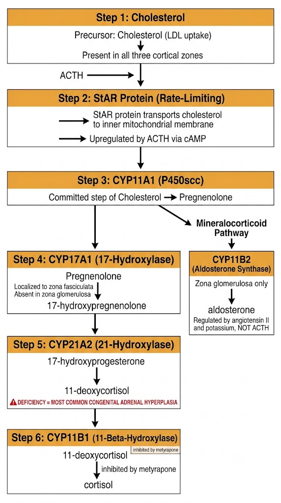 Adrenal steroid biosynthesis pathway from cholesterol to cortisol and aldosterone
