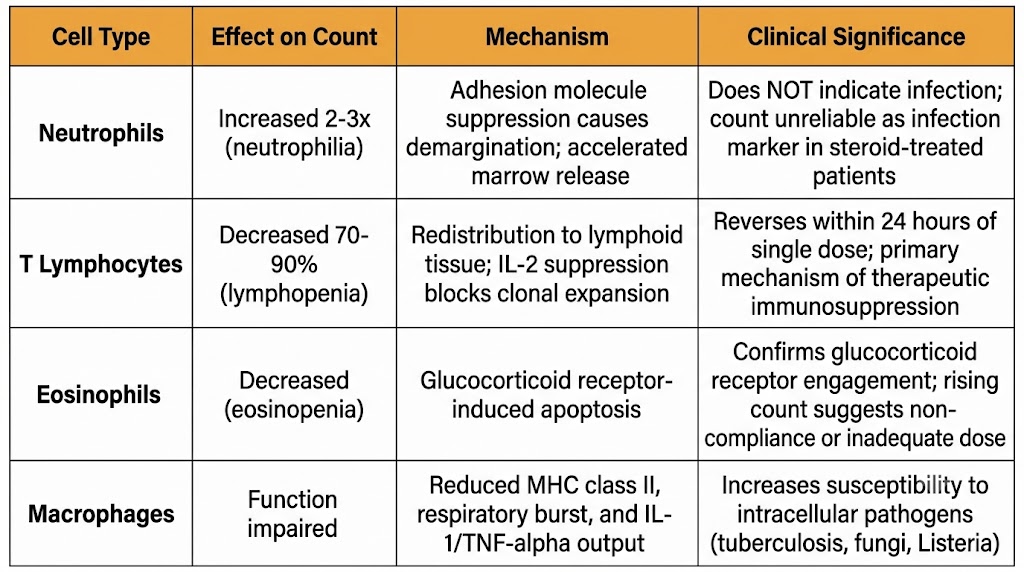 Table showing glucocorticoid effects on neutrophils, lymphocytes, eosinophils, and macrophages