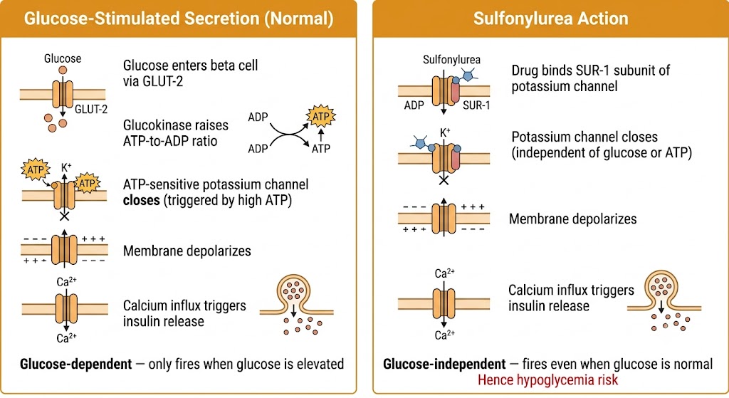 Two-panel comparison diagram showing glucose-stimulated insulin secretion on the left (glucose-dependent: GLUT-2 entry, glucokinase raises ATP, K-ATP channel closes, membrane depolarizes, calcium influx triggers insulin release) versus sulfonylurea action on the right (glucose-independent: drug binds SUR-1, K-ATP channel closes independent of glucose or ATP, same downstream steps, hence hypoglycemia risk).