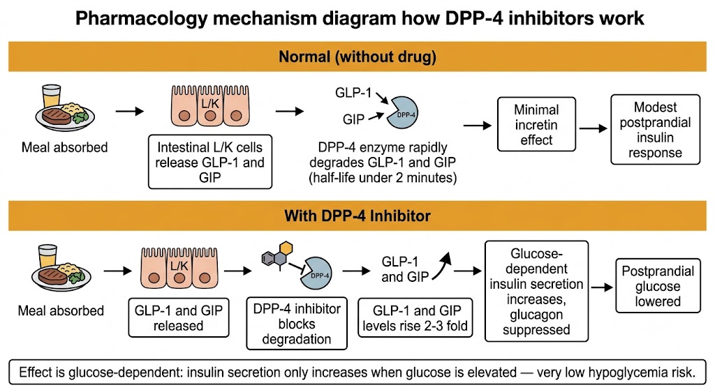 Two-row comparison diagram. Top row (normal without drug): meal absorbed, intestinal L/K cells release GLP-1 and GIP, DPP-4 enzyme rapidly degrades them (half-life under 2 minutes), minimal incretin effect, modest postprandial insulin response. Bottom row (with DPP-4 inhibitor): GLP-1 and GIP released, DPP-4 inhibitor blocks degradation, levels rise 2 to 3 fold, glucose-dependent insulin secretion increases and glucagon is suppressed, postprandial glucose lowered. Note: effect is glucose-dependent — very low hypoglycemia risk.