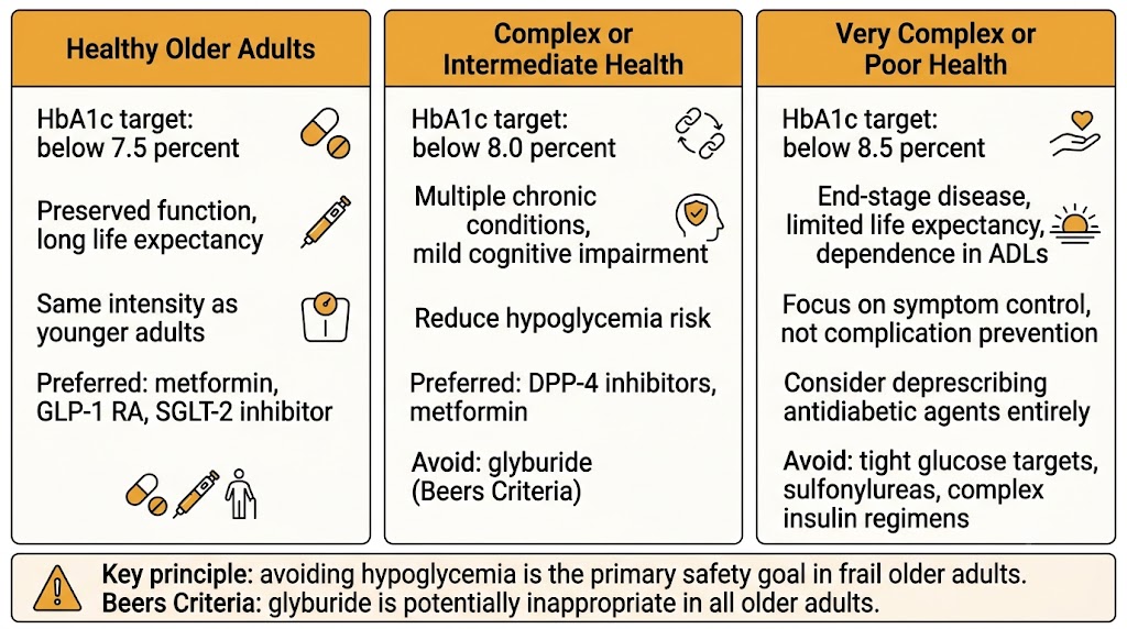 Three-panel diagram showing glycemic targets and drug selection in older adults. Left panel (Healthy Older Adults): HbA1c below 7.5 percent, preserved function and long life expectancy, same intensity as younger adults, preferred agents metformin plus GLP-1 receptor agonist plus SGLT-2 inhibitor. Center panel (Complex or Intermediate Health): HbA1c below 8.0 percent, multiple chronic conditions and mild cognitive impairment, reduce hypoglycemia risk, preferred DPP-4 inhibitors and metformin, avoid glyburide per Beers Criteria. Right panel (Very Complex or Poor Health): HbA1c below 8.5 percent, end-stage disease and limited life expectancy, focus on symptom control not complication prevention, consider deprescribing entirely, avoid tight glucose targets and sulfonylureas. Note box: avoiding hypoglycemia is the primary safety goal; glyburide is potentially inappropriate in all older adults.