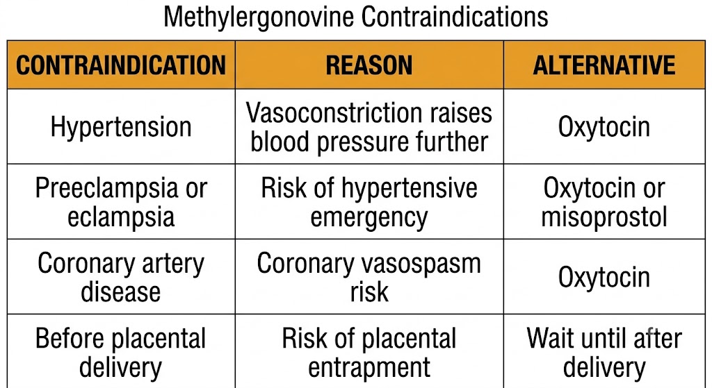 Table listing methylergonovine contraindications, the reason for each contraindication, and the recommended alternative agent.