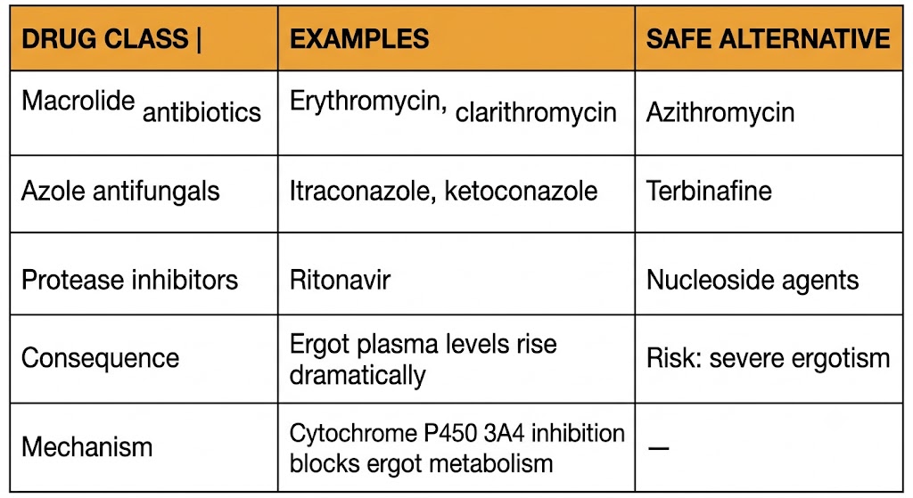 Reference table listing drug classes that inhibit cytochrome P450 3A4, specific examples, safe alternatives, and the consequence of co-administration with ergot alkaloids.