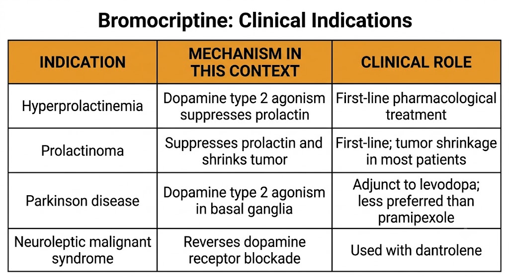 Table summarizing bromocriptine clinical indications, mechanism in each context, and clinical role.