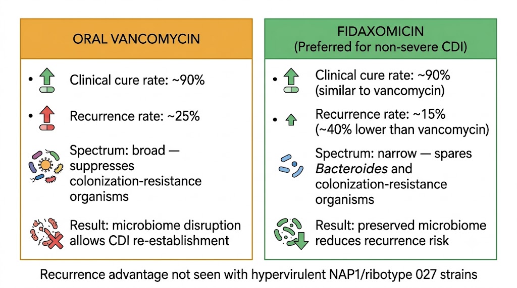 Comparison diagram showing fidaxomicin and vancomycin have similar clinical cure rates for Clostridioides difficile infection but fidaxomicin produces significantly lower recurrence rates