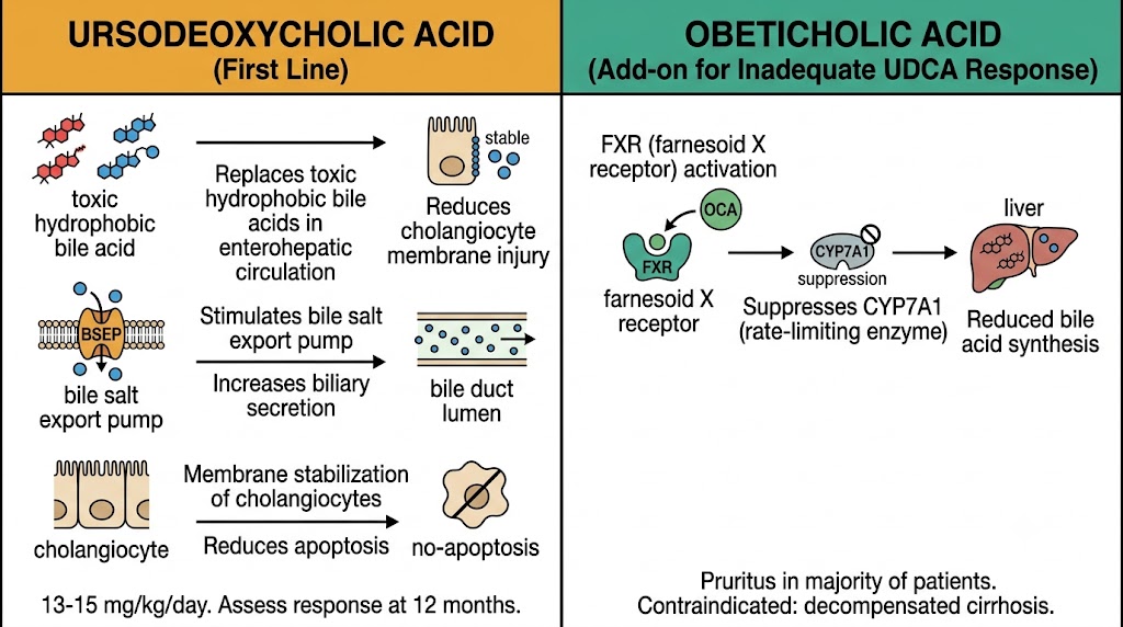 Two-panel diagram showing ursodeoxycholic acid mechanism in primary biliary cholangitis and obeticholic acid as a farnesoid X receptor agonist for inadequate UDCA responders
