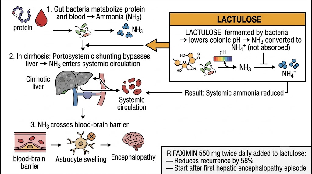 Diagram showing ammonia production in the gut, its role in hepatic encephalopathy, and how lactulose traps ammonia as ammonium ion by lowering colonic pH