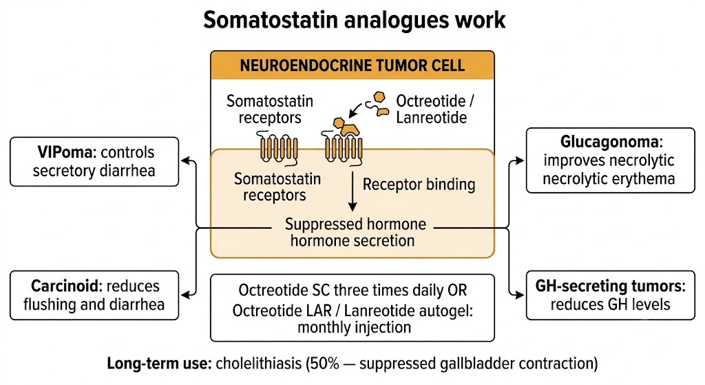 Diagram showing how somatostatin analogues octreotide and lanreotide suppress hormone secretion from neuroendocrine tumor cells by binding somatostatin receptors