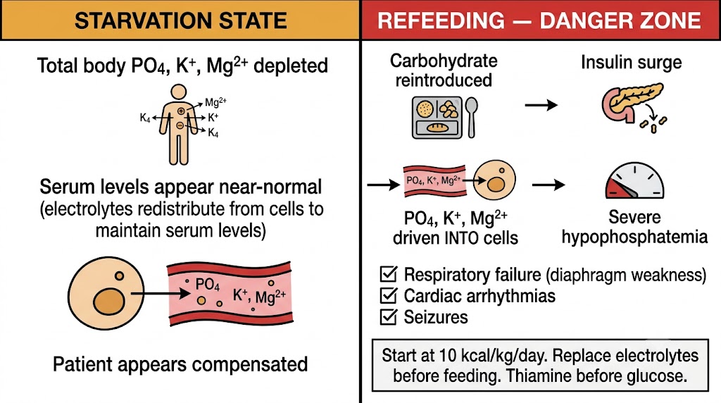 Two-panel diagram showing electrolyte depletion during starvation and the dangerous intracellular electrolyte shifts causing severe hypophosphatemia when nutrition is restarted