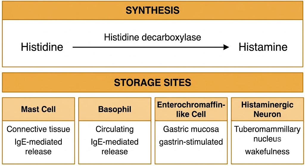 Two-zone diagram showing histamine synthesis from histidine via histidine decarboxylase (top zone) and the four storage cell types — mast cell, basophil, enterochromaffin-like cell, and histaminergic neuron — with tissue locations labeled (bottom zone).