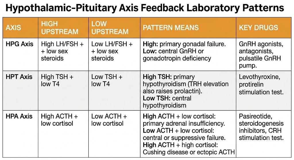 Reference table showing laboratory feedback patterns for the hypothalamic-pituitary-gonadal, hypothalamic-pituitary-thyroid, and hypothalamic-pituitary-adrenal axes with corresponding drug classes.