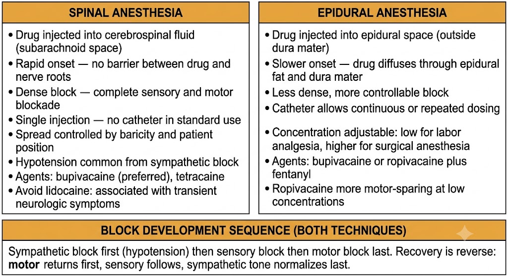 Two-panel diagram comparing spinal anesthesia (drug in cerebrospinal fluid, rapid dense block, single injection, hypotension common) versus epidural anesthesia (drug in epidural space outside dura, slower onset, catheter allows repeated dosing, more controllable), with a shared block development sequence box below.