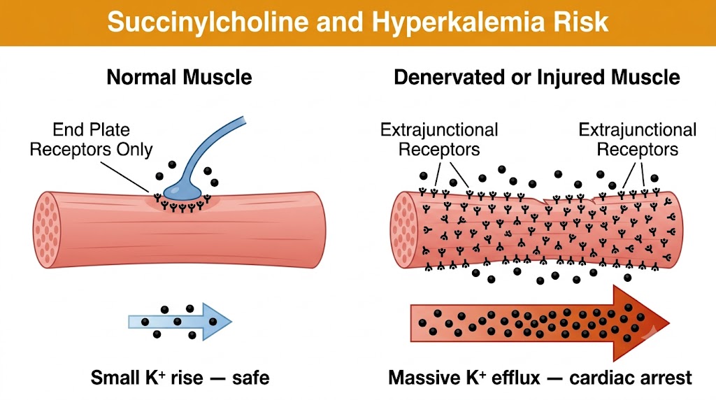 Two-panel comparison showing normal muscle with receptors confined to the end plate producing a small safe potassium rise, versus denervated or injured muscle with extrajunctional receptors spread across the entire fiber surface producing massive potassium efflux and cardiac arrest risk.
