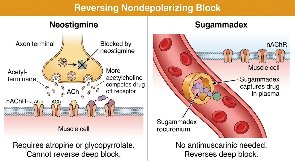 Two-panel diagram comparing neostigmine reversal (blocking acetylcholinesterase to raise acetylcholine at the receptor, requiring antimuscarinic pretreatment, unable to reverse deep block) with sugammadex reversal (encapsulating rocuronium in plasma, no antimuscarinic needed, reverses deep block).