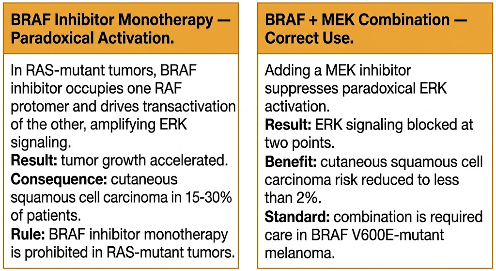 Two-panel diagram comparing BRAF inhibitor monotherapy causing paradoxical ERK activation and cutaneous squamous cell carcinoma risk, versus BRAF plus MEK inhibitor combination suppressing paradoxical activation.