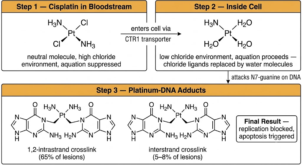 Two-row diagram of cisplatin mechanism. Top row: Step 1 shows cisplatin structure with two Cl and two NH3 ligands in the bloodstream where high chloride suppresses aquation; arrow labeled CTR1 transporter entry leads to Step 2 showing aquated cisplatin with two H2O replacing Cl ligands inside the cell where low chloride allows aquation. Bottom row: Step 3 shows two platinum-DNA adduct structures both with NH3 ligands — left is 1,2-intrastrand crosslink (65% of lesions), right is interstrand crosslink (5-8% of lesions) — with final result box stating replication blocked, apoptosis triggered.