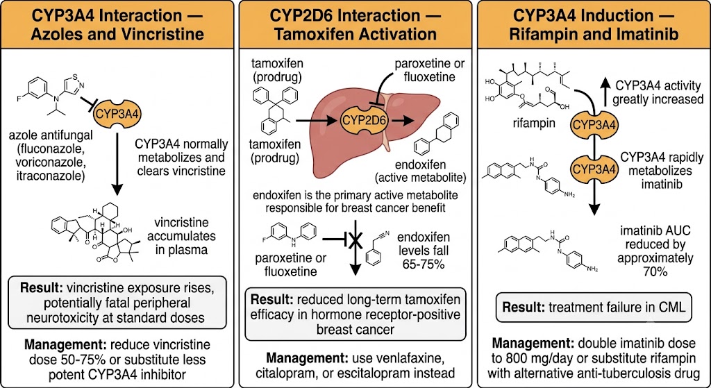 Three-panel diagram of cytochrome P450 drug interactions. Left panel: CYP3A4 Interaction — Azoles and Vincristine. Azole antifungals (fluconazole, voriconazole, itraconazole) block CYP3A4, which normally metabolizes and clears vincristine; vincristine accumulates in plasma; result is potentially fatal peripheral neurotoxicity at standard doses; management is to reduce vincristine dose 50-75% or substitute less potent CYP3A4 inhibitor. Center panel: CYP2D6 Interaction — Tamoxifen Activation. CYP2D6 converts tamoxifen prodrug to endoxifen, the primary active metabolite responsible for breast cancer benefit; paroxetine or fluoxetine block CYP2D6, causing endoxifen levels to fall 65-75%; result is reduced long-term tamoxifen efficacy in hormone receptor-positive breast cancer; management is to use venlafaxine, citalopram, or escitalopram instead. Right panel: CYP3A4 Induction — Rifampin and Imatinib. Rifampin greatly increases CYP3A4 activity, which rapidly metabolizes imatinib, reducing imatinib AUC by approximately 70%; result is treatment failure in CML; management is to double imatinib dose to 800 mg per day or substitute rifampin with an alternative anti-tuberculosis drug.