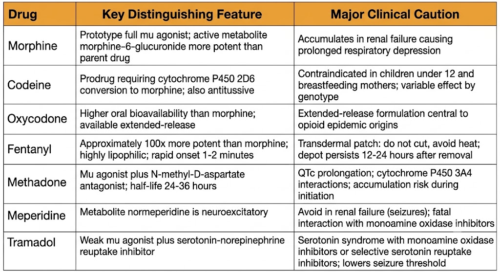 Reference table showing high-yield distinguishing features and major clinical cautions for seven opioid agonists: morphine, codeine, oxycodone, fentanyl, methadone, meperidine, and tramadol.